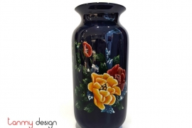 Charcoal blue straight flower vase with flared mouth  with ephemeral flowers 14*H30cm